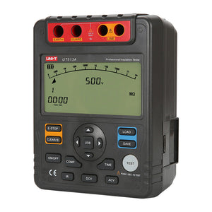 UNI-T UT513A Insulation Resistance Tester – Digital Megohmmeter, 2500V/5000V - a digital display set to 500V, with front-facing buttons and top input ports.