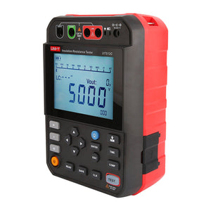 UNI-T UT513C 5kV Insulation Resistance Tester – 5kV Digital Megohmmeter, 250V/500V/1000V/2500V/5000V - a red and black handheld device with a digital display showing 5000V, control buttons, and top input ports.
