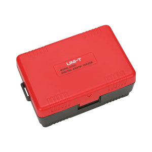 UNI-T UT522 Earth Resistance Tester – Digital Earth / Ground Resistance Meter - shown as a closed, rectangular, red and black protective carrying case with the model name printed on the lid.