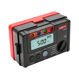 UNI-T UT526 Multifunction Electrical Tester – Multifunction Installation Tester, 250V/500V/1000V - black and red, showing the front display reading 500 MΩ and 999V, with input ports and a rotary function knob.