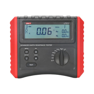 UNI-T UT572 Earth Resistance Tester – Digital Earth / Ground Resistance Meter - a grey and red handheld device with a digital display showing 0.06 Ω, control buttons, and a rotary selector knob.