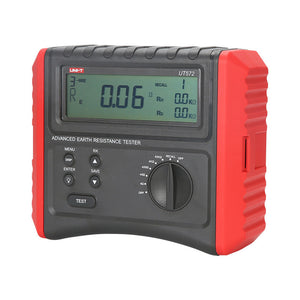 UNI-T UT572 Earth Resistance Tester – Digital Earth / Ground Resistance Meter - a grey and red handheld device with a digital display showing 0.06 Ω, control buttons, and a rotary selector knob.