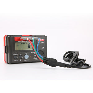 UNI-T UT582+ RCD / ELCB Tester – Digital RCD / ELCB Trip Tester - with a black body, digital display showing 0, control buttons, three colored test leads, and a connected power plug cable.