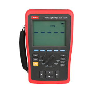 UNI-T UT620A Digital Micro Ohm Meter – 60000 Count, 10µΩ Resolution, 4-Wire Kelvin, Wire-Length, USB, Rechargeable Low-Resistance Ohmmeter - a red and black handheld device with a central rotary dial, control buttons, and a screen showing "AUTO".