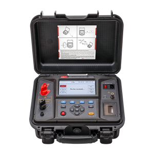 UNI-T UT625A 100A Low Resistance Ohmmeter – 0.1µΩ Resolution, 4-Wire Kelvin, Circuit-Breaker Contact Resistance, 7" LCD, Built-in Printer, USB, Micro-Ohmmeter - open black hard case, showing a central LCD screen reading "To be tested...", control buttons, ports, and a built-in printer.