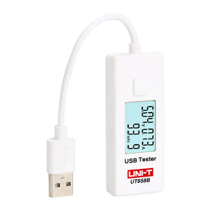 UNI-T UT658B USB Tester – 3–9V, 0–3.5A, Voltage/Current/Capacity Monitor, 0–9999mAh, 10-Set Storage, LCD, USB Power Meter - a white USB power meter with a cable, a male USB connector, a button, and an LCD screen displaying 5.04V, 0.73A, and 93.9mAh.