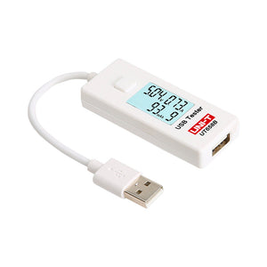 UNI-T UT658B USB Tester – 3–9V, 0–3.5A, Voltage/Current/Capacity Monitor, 0–9999mAh, 10-Set Storage, LCD, USB Power Meter - a white portable device with a USB cable, a digital LCD screen showing 5.04V, 0.73A, and 93.9mAh, and a side button.