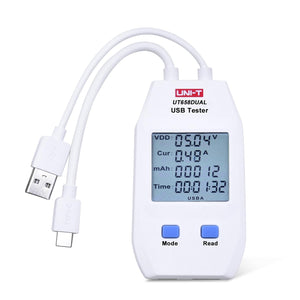 UNI-T UT658DUAL USB Tester – Type-A & Type-C, 4–24V, up to 5A, QC3.0/QC4.0, Capacity / Energy / Resistance Meter - a white handheld body with two blue buttons, a digital display reading 5.04V and 0.48A, and attached USB-A and Type-C cables.