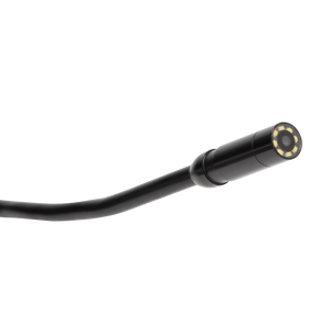 UNI-T UT665P-5M Handheld Single-Lens Industrial Borescope – 4.3" HD Screen, 8mm Lens, 5 m Replaceable Probe, IP67, 8 LED, Inspection Camera - a close-up of the black, cylindrical industrial borescope camera head featuring an 8mm lens surrounded by integrated LED lights.