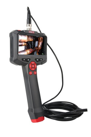 UNI-T UT665P Handheld Single-Lens Industrial Borescope – 4.3" HD Screen, 8mm Lens, 1 m Replaceable Probe, IP67, 8 LED, Inspection Camera - with a grey handheld monitor displaying a pipe inspection, connected to a long black probe cable.