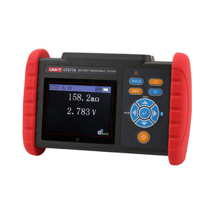 UNI-T UT677A Battery Internal Resistance Tester – 1kHz AC 4-Terminal, 0–3Ω / 0.1µΩ, 3.5" Colour Screen, Bluetooth & USB, PASS/WARN/FAIL, Battery Analyzer - with a black body, red protective bumpers, a 3.5-inch screen showing 158.2mΩ and 2.783V, and navigation buttons.