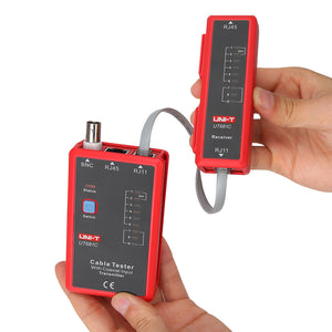 UNI-T UT681C Network Cable Tester – RJ45 / RJ11 / BNC, Fast/Slow/Scan/Full Test Modes, 19-LED, Open/Short/Crossover, LAN Coax Ethernet Tester - the red transmitter and receiver units connected by a grey cable, held in hands, with visible ports and LED indicators.