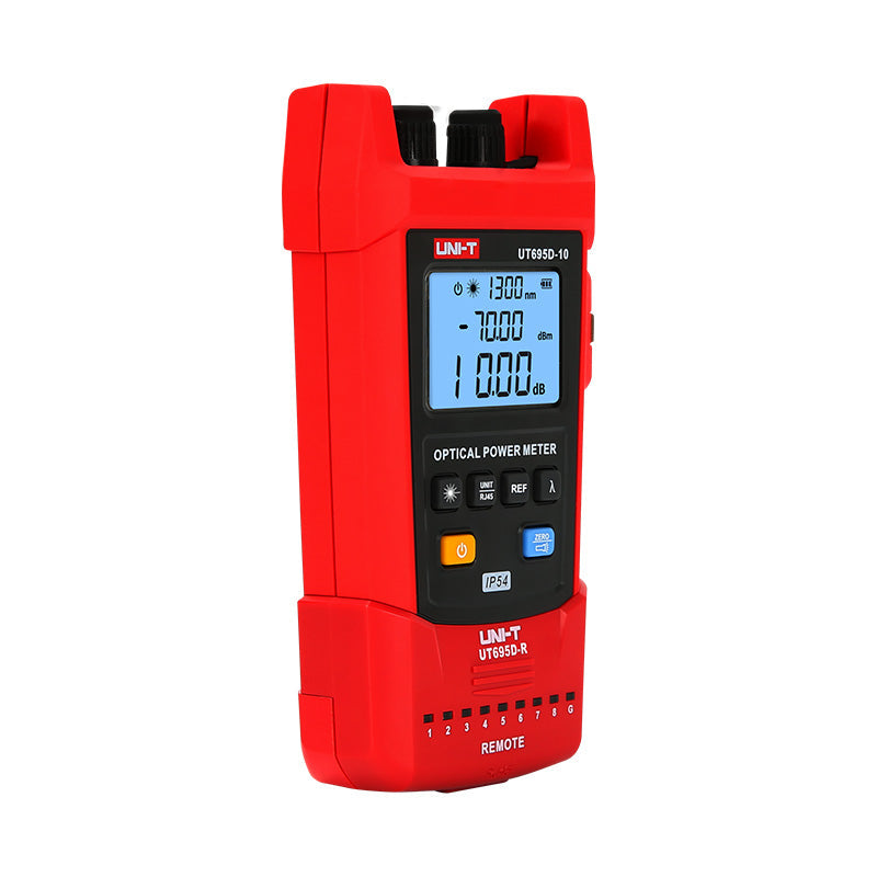 UNI-T UT695D-10 Optical Multimeter – Fiber Power Meter (-70~3dBm, 800–1700nm) + 10mW VFL + LAN Cable Test + Flashlight, FC/SC/ST, Rechargeable - a digital display with 1300nm, -70.00 dBm, and 0.00 dB, with function buttons and remote port.