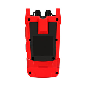 UNI-T UT695D-10 Optical Multimeter – Fiber Power Meter (-70~3dBm, 800–1700nm) + 10mW VFL + LAN Cable Test + Flashlight, FC/SC/ST, Rechargeable - the back view of the red and black handheld device with a blank screen and two top ports.