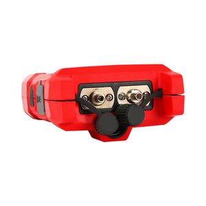 UNI-T UT695D-10 Optical Multimeter – Fiber Power Meter (-70~3dBm, 800–1700nm) + 10mW VFL + LAN Cable Test + Flashlight, FC/SC/ST, Rechargeable - a close-up of the red device's top panel showing two metal optical ports with black protective rubber dust caps.