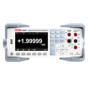 UNI-T UT8805E 5.5-Digit Bench Digital Multimeter – Precision, Dual Display - in a grey housing, showing a screen reading +1.99999 VDC, with front panel buttons, ports, and a USB connector.
