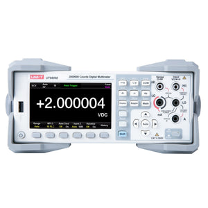 UNI-T UT8806E 6.5-Digit Performance-Series Bench Digital Multimeter – Dual Display - in a grey protective frame, showing a digital display reading +2.000004 VDC, control buttons, and input ports.