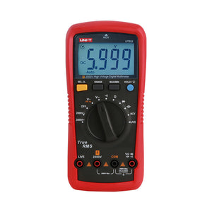 UNI-T UT892 High Voltage True RMS Digital Multimeter – 6000 Count, AC/DC 2000V, VFC, Frequency, Capacitance, NCV, Full-Range Overload Protection, CAT III 600V - in a red rubber holster with a central rotary dial, four function buttons, and a screen displaying 5.999 V DC.