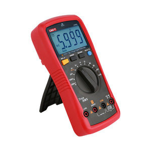 UNI-T UT892 High Voltage True RMS Digital Multimeter – 6000 Count, AC/DC 2000V, VFC, Frequency, Capacitance, NCV, Full-Range Overload Protection, CAT III 600V - standing on a kickstand, showing a 5.999 reading on its LCD screen with a central rotary dial.