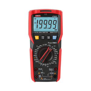 UNI-T UT89XE True RMS Digital Multimeter – 6000 Count, AC/DC 1000V, 20A, 60MHz Frequency, Capacitance, Temperature, NCV, Flashlight, CAT III 1000V - in red and black, showing a rotary dial, function buttons, input ports, and a screen displaying 199.99 DC.