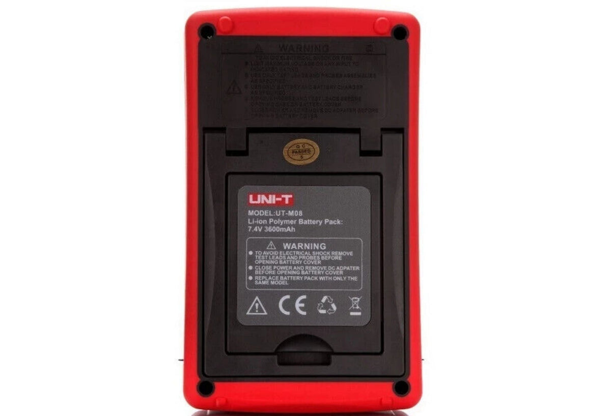 UNI-T UTD1025CL 25 MHz 1-Channel Handheld Oscilloscope – 12 Kpts, 200M Sa/s - rear view showing the red casing, battery compartment cover, and a label detailing the UT-M08 battery pack specs.