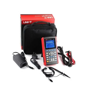UNI-T UTD1025CL 25 MHz 1-Channel Handheld Oscilloscope – 12 Kpts, 200M Sa/s - UNI-T UTD1000L series handheld oscilloscope in a red and black case with a screen, buttons, carrying bag, power adapter, cables, and retail box.