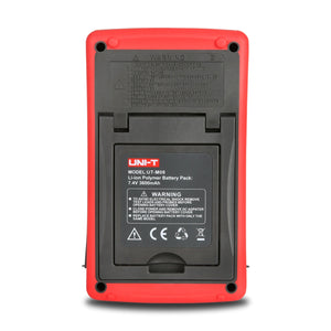 UNI-T UTD1050DL 50 MHz 2-Channel Handheld Oscilloscope – 12 Kpts, 250MSA/S - rear view showing the red and black plastic casing, a battery compartment, and a warning label for the battery.