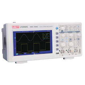 UNI-T UTD2052CL+ 50MHz Dual-Channel Digital Oscilloscope Pakistan - a white benchtop device showing a sine wave and square wave on its screen with front panel knobs.