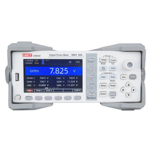 UNI-T UTE310 600V High-Performance Digital Power Meter / Power Analyzer - in a grey protective housing, showing a screen with 7.825 V Urms, control buttons, and a rotary knob on the right.