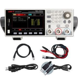 UNI-T UTG1022X-PA 20 MHz 2-Channel Arbitrary Waveform Generator / Function Generator – 200 MSa/s - a white front panel with a digital display, keypad, knob, and ports, plus included cables and power cord.