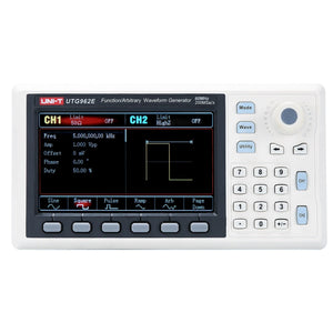 UNI-T UTG962E 60 MHz 2-Channel Arbitrary Waveform Generator / Function Generator – 200 MSa/s - a white benchtop device with a digital display showing waveform settings, a keypad, control buttons, and a rotary knob.