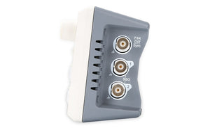 UNI-T UTG962E function generator - a close-up of the grey side panel showing three BNC connectors labeled FSK/CNT/Sync, 1, and 2 with a 50Ω indicator.