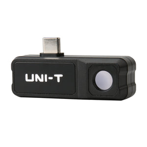 UNI-T UTI120MOBILE Smartphone Thermal Camera – -20°C to 400°C, ≤60MK - a black, rectangular thermal imaging module with a USB-C connector and a circular lens.