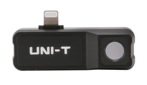 UNI-T UTI120MS Smartphone Thermal Camera Module for IPhone - a black rectangular device featuring a Lightning connector and a circular thermal lens.