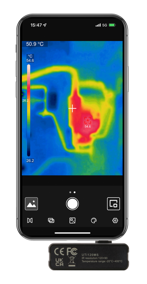 UNI-T UTI120MS Smartphone Thermal Camera Module for IPhone - attached to a smartphone displaying a thermal heat map with a 54.6°C maximum temperature reading.