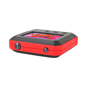 UNI-T UTI120P Pocket-sized Thermal Camera – 120×90, -20°C to 400°C, ≤60MK - shown from a side angle, featuring a red and black casing, two circular side buttons, and a screen displaying a thermal image.