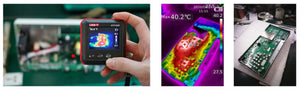 UNI-T UTI120P Pocket-sized Thermal Camera – 120×90, -20°C to 400°C, ≤60MK - held in a hand showing a thermal heat map on its screen, next to a thermal image of a circuit board and the board itself.