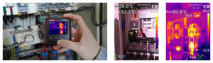 UNI-T UTI120P Pocket-sized Thermal Camera – 120×90, -20°C to 400°C, ≤60MK - a digital screen with thermal imaging data and two additional thermal display examples.
