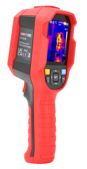 UNI-T UTI260B Heavy Duty Thermal Camera – 256×192, -20°C to 550°C, ≤60MK - a handheld pistol-grip design with a digital display, navigation buttons, and a thermal imaging screen.