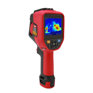 UNI-T UTI384G 384 G-Series Professional Thermal Imager - a screen showing a thermal heat map, navigation buttons, and a grip handle.