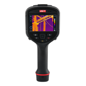 UNI-T UTI640J 640 Enhanced Series Thermal Imager - a black handheld device with a screen displaying a thermal image of power lines and a keypad.