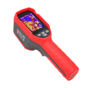 UNI-T UTI716S Cost-effective Thermal Camera – 160×120, -20°C~550°C, ≤50MK - in red and grey, featuring a screen showing a thermal image, navigation buttons, and a tripod mount on the base.