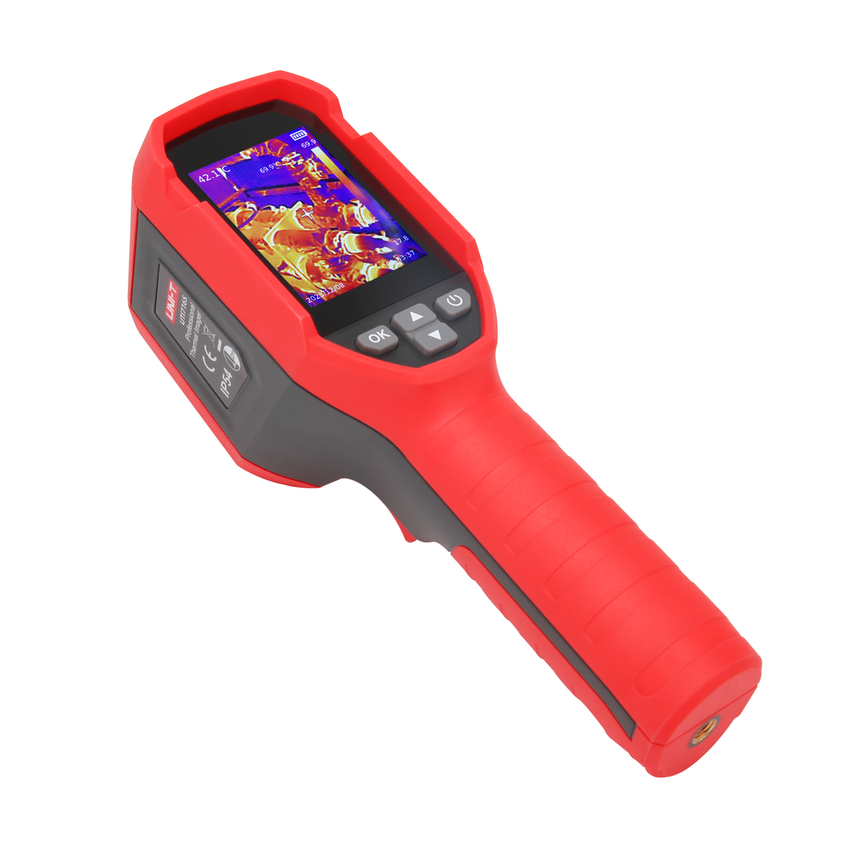 UNI-T UTI716S Cost-effective Thermal Camera – 160×120, -20°C~550°C, ≤50MK - in red and grey, featuring a screen showing a thermal image, navigation buttons, and a tripod mount on the base.