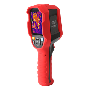 UNI-T UTI720B Thermal Imaging Camera – 256×192 IR (Super-Res 512×384), −20 to 550°C, ≤50 mK, T-Mix Fusion, Wi-Fi, Heavy-Duty Industrial Thermal Camera - red and black, showing a screen with a thermal image, navigation buttons, and technical text on the side.