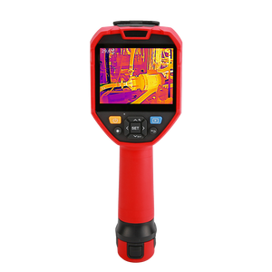 UNI-T UTI720V Enhanced Thermal Camera – 256×192, -40°C~550°C, ≤50MK - a red handheld device with a screen showing a thermal image of machinery, navigation buttons, and a bottom port.
