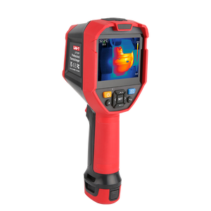 UNI-T UTI720V Enhanced Thermal Camera – 256×192, -40°C~550°C, ≤50MK - a red and black handheld device with a screen displaying a thermal image, navigation buttons, and a grip handle.