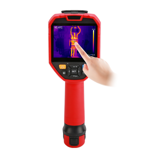 UNI-T UTI720V Enhanced Thermal Camera – 256×192, -40°C~550°C, ≤50MK - a red handheld device with a screen showing a heat map, being operated by a hand pressing the display.