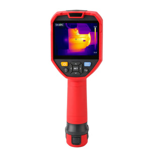 UNI-T UTI730E 320 Enhanced Series Thermal Imager – 320×240, -40 °C (-40 °F) to 400 °C (752 °F) - with a red handheld body, a screen displaying a thermal heat map, and a central keypad with directional and set buttons.