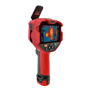 UNI-T UTI740H+ 400 Professional Enhanced Thermal Imager - in red and black, showing a screen displaying a thermal heat map, physical navigation buttons, and a top-mounted port cover.