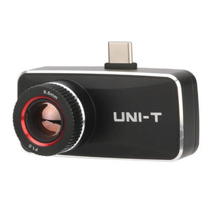 UNI-T UTI740M Android-only High-Resolution Smartphone Thermal Camera - a black rectangular device with a red-accented lens marked 9.5mm F1.0 and a top-mounted USB-C connector.